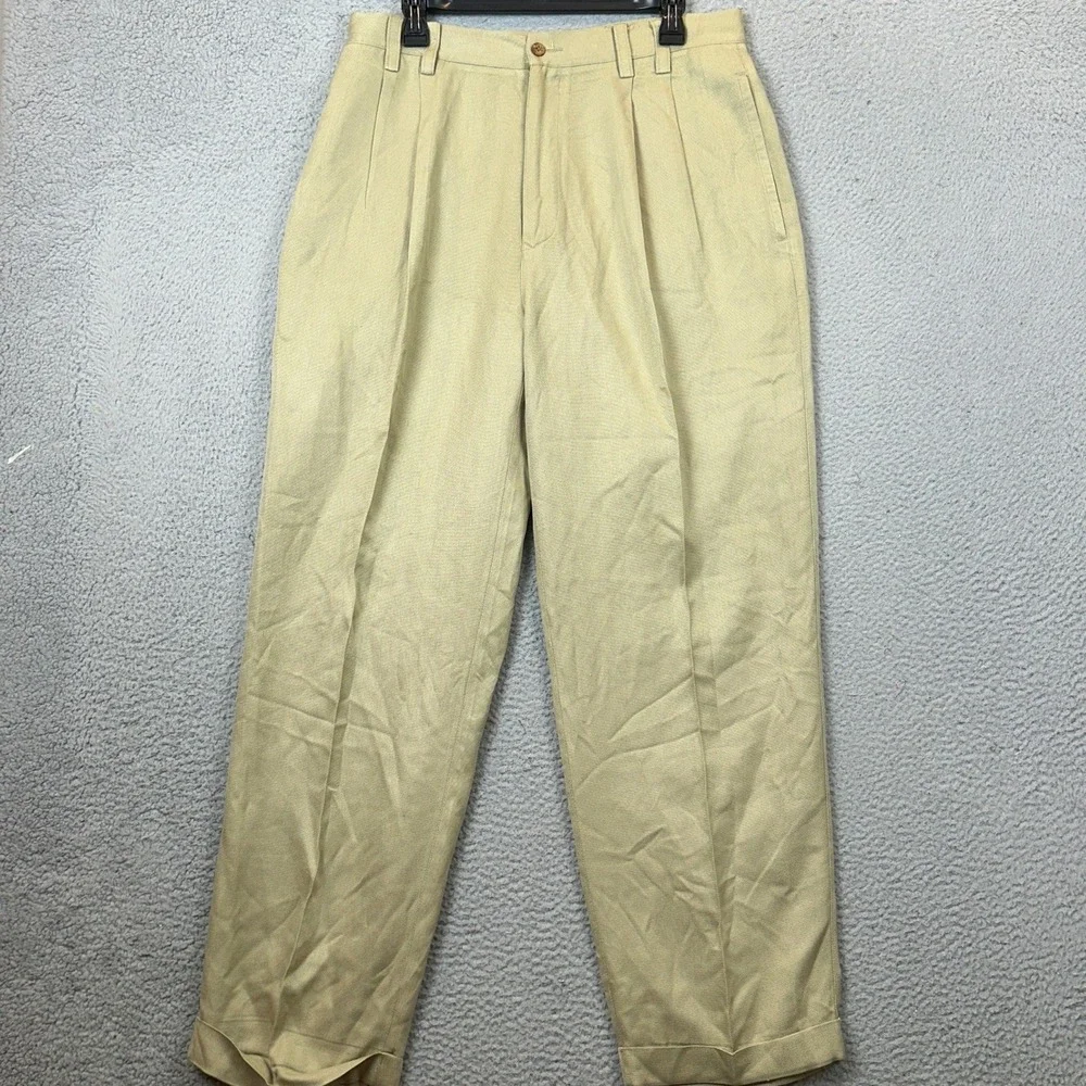 Tommy Bahama 100% Silk Pants Mens 34 Relax Pleated Tan Cuffed Casual Chino EUC